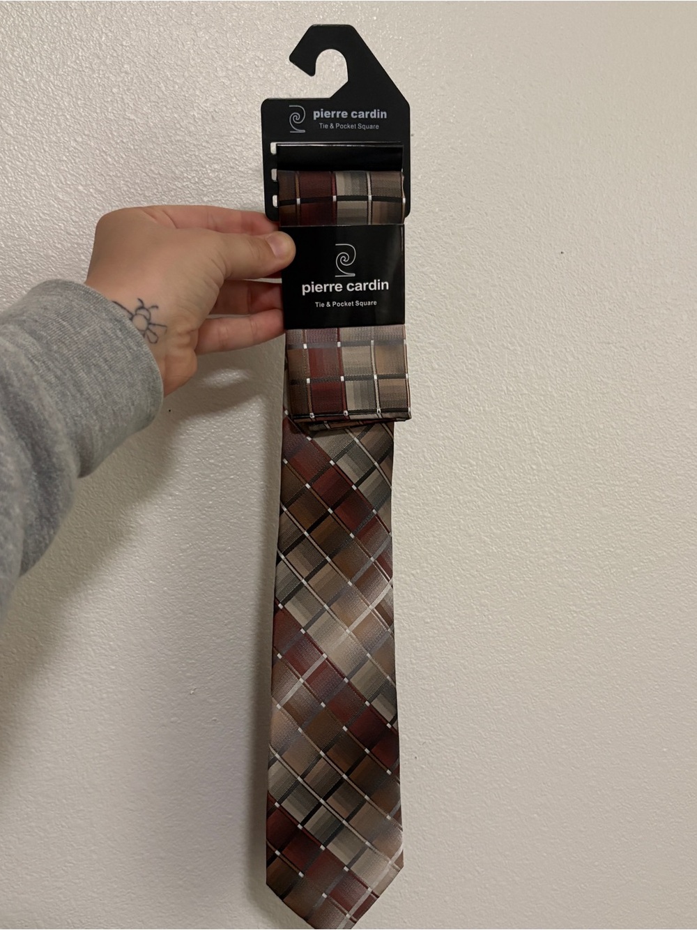 Pierre Cardin Brown and Silver Plaid Tie & Pocket Square Set